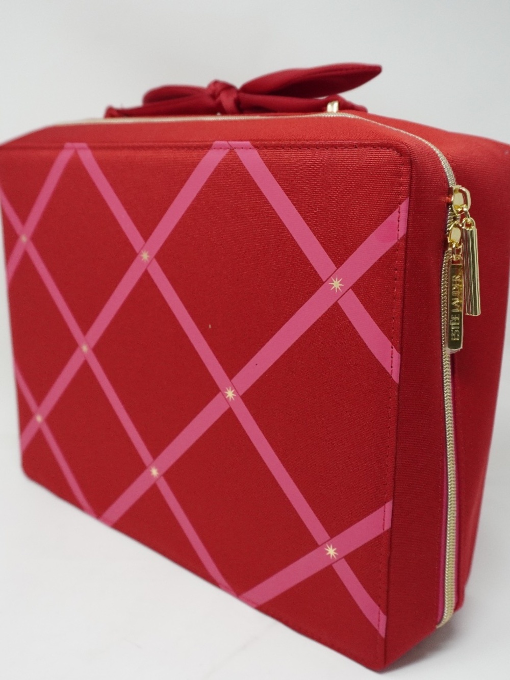 NEW ESTEE LAUDER COSMETIC BAG HUGE CHRISTMAS ZIPPER RED PINK - Picture 1 of 6